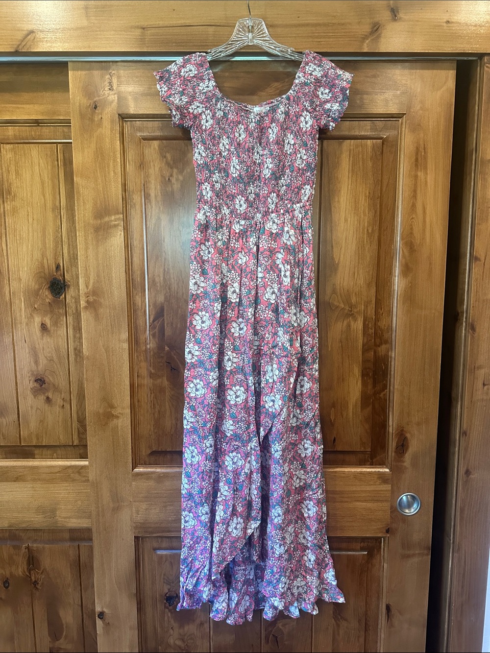 Tiare Hawaii Pink Floral Maxi Dress with Smocked Bodice